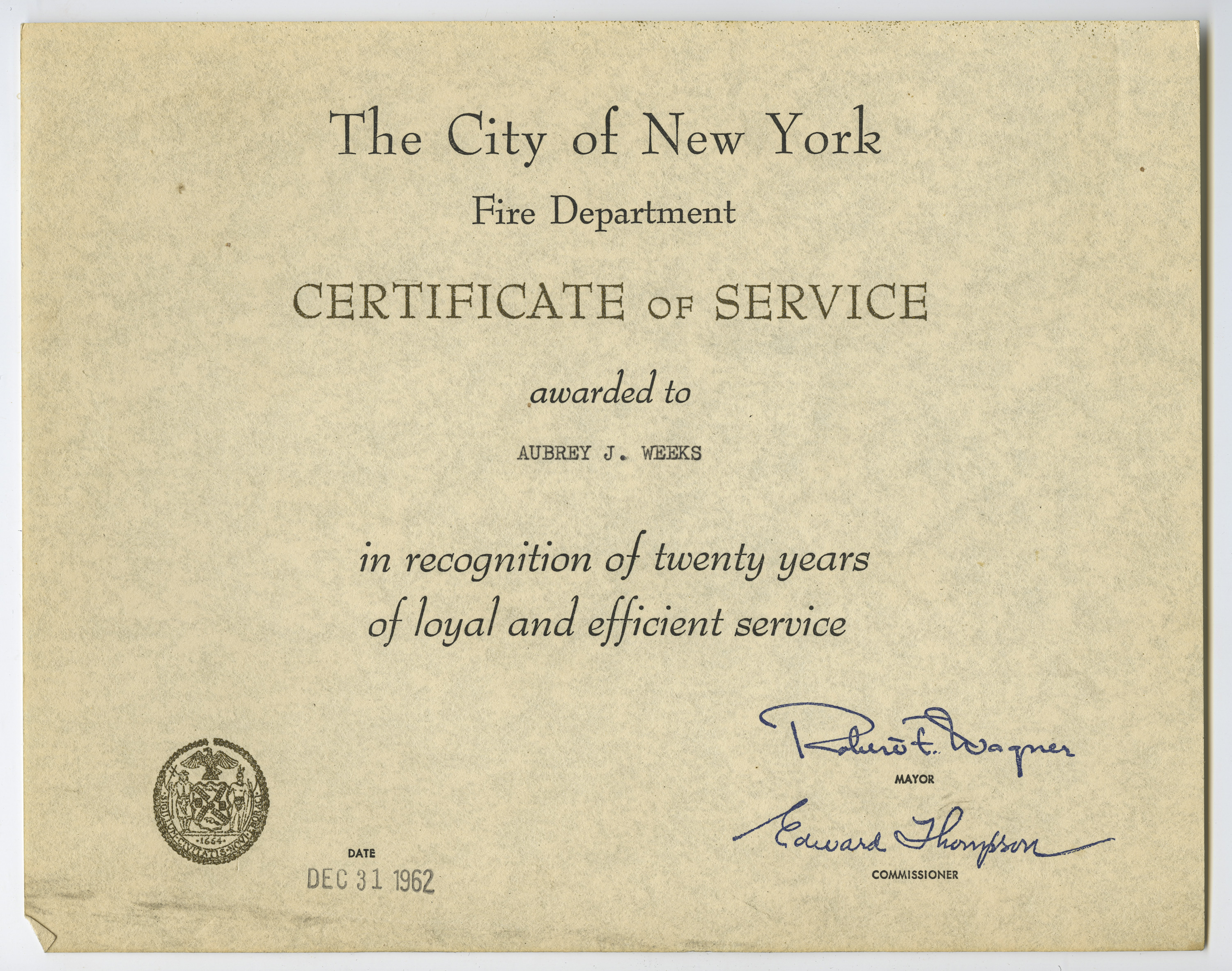 Weeks' Certificate of Service.