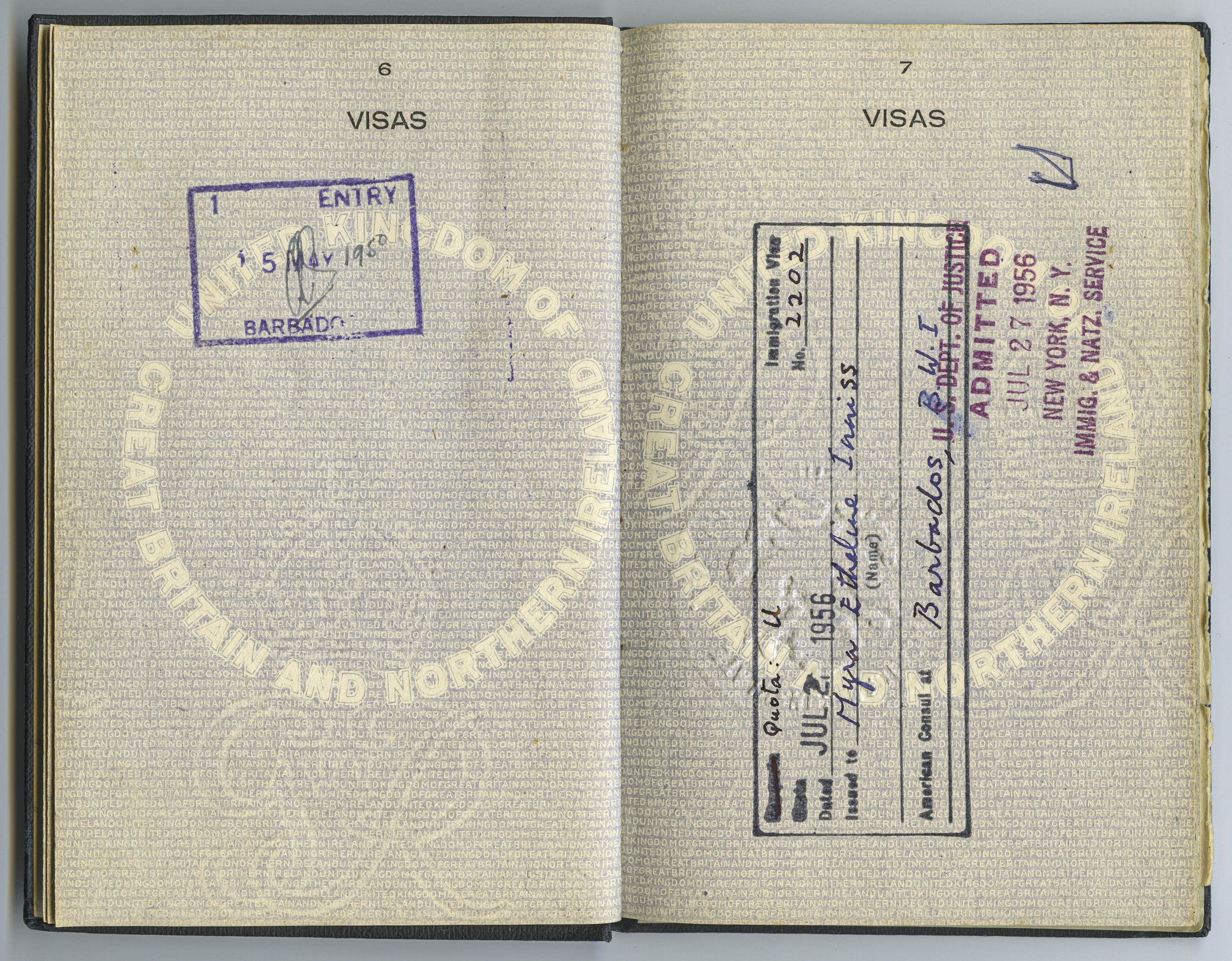 Visa stamps from entering Barbados in 1950 and New York in 1956.