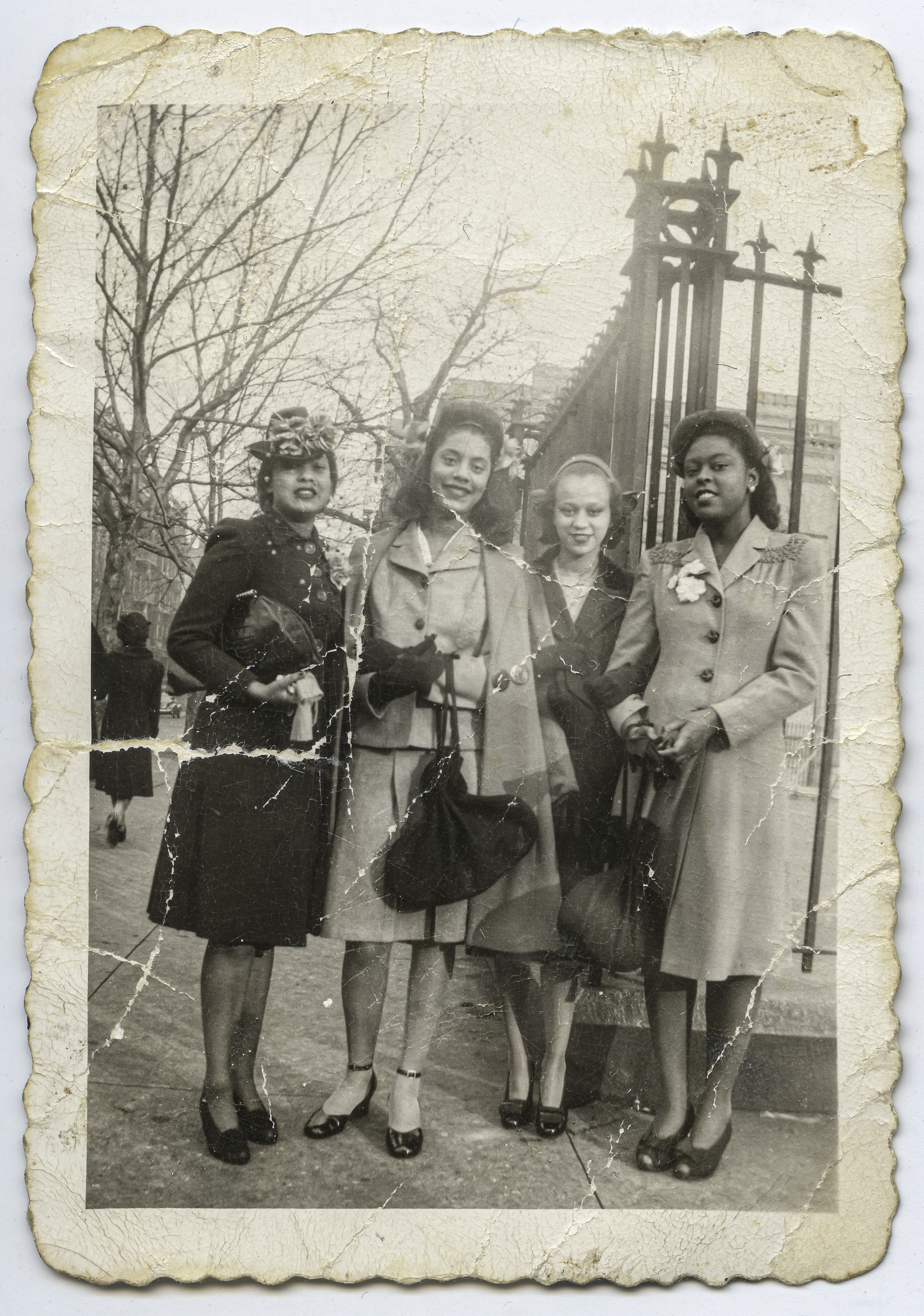 Carmen (left) with Gloria, Glenna Rohan, and another friend during Easter, 1940s.