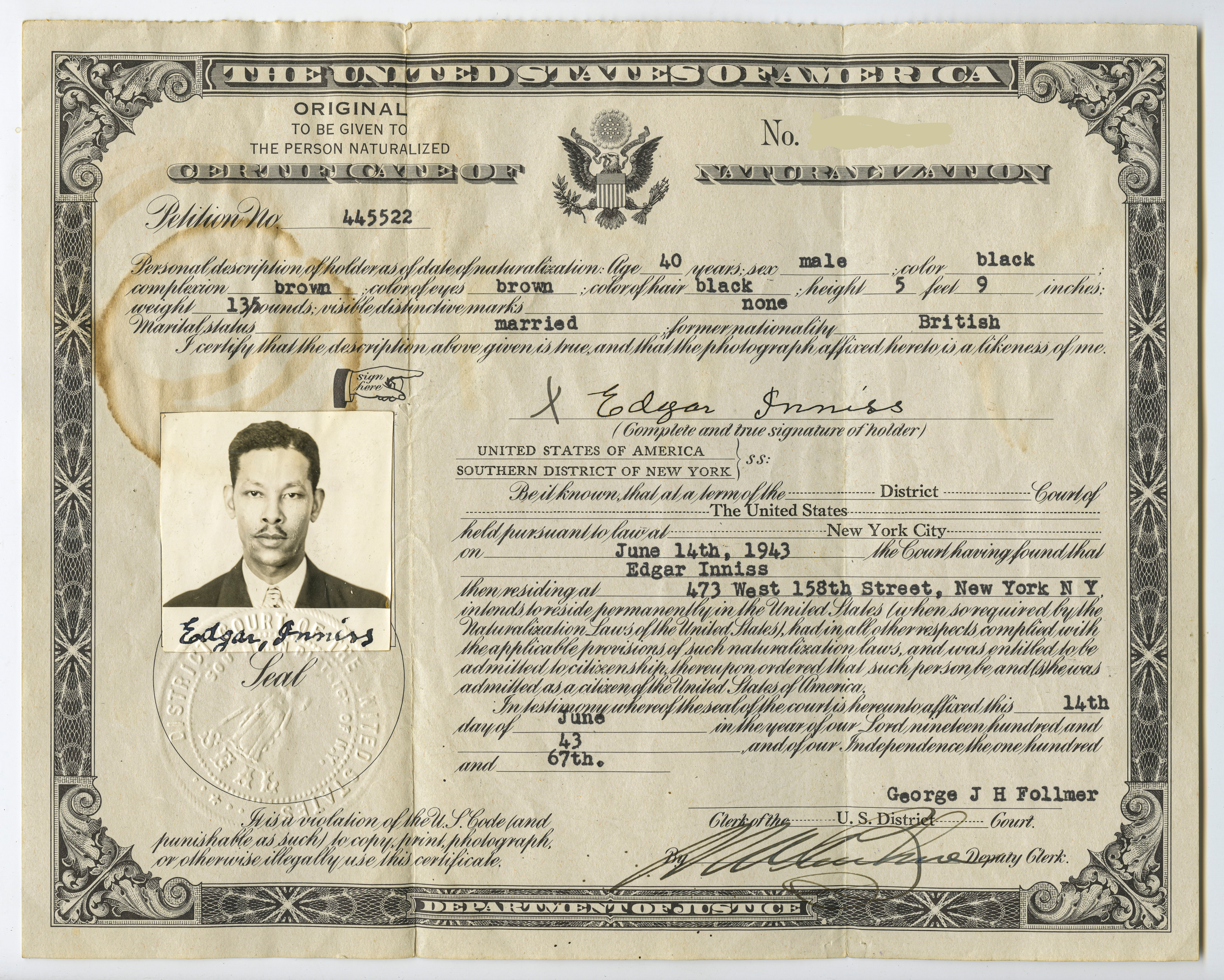 Naturalization or Fred's 'papers.'