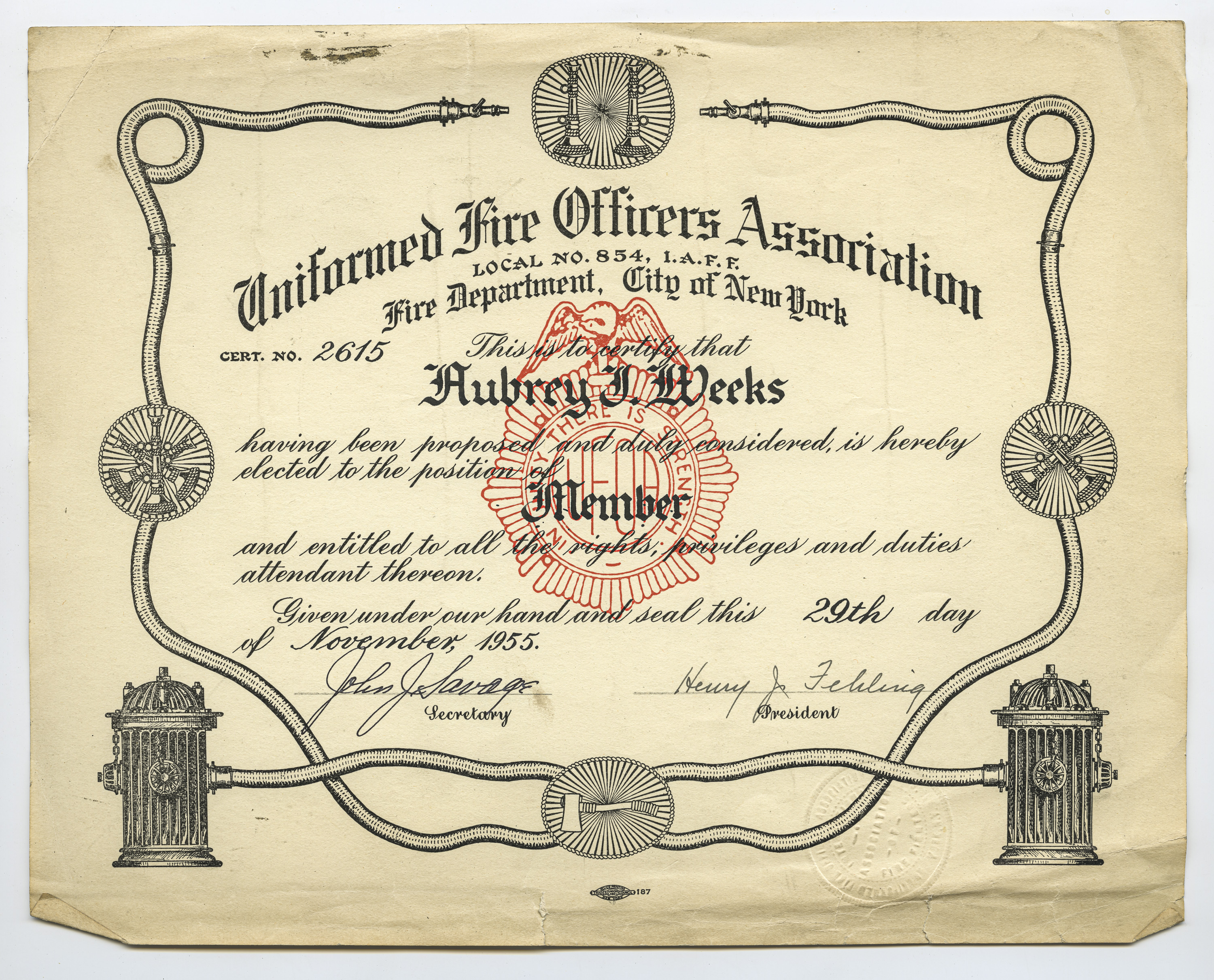 Weeks' Membership, Uniformed Fire Officers Association, 1955.