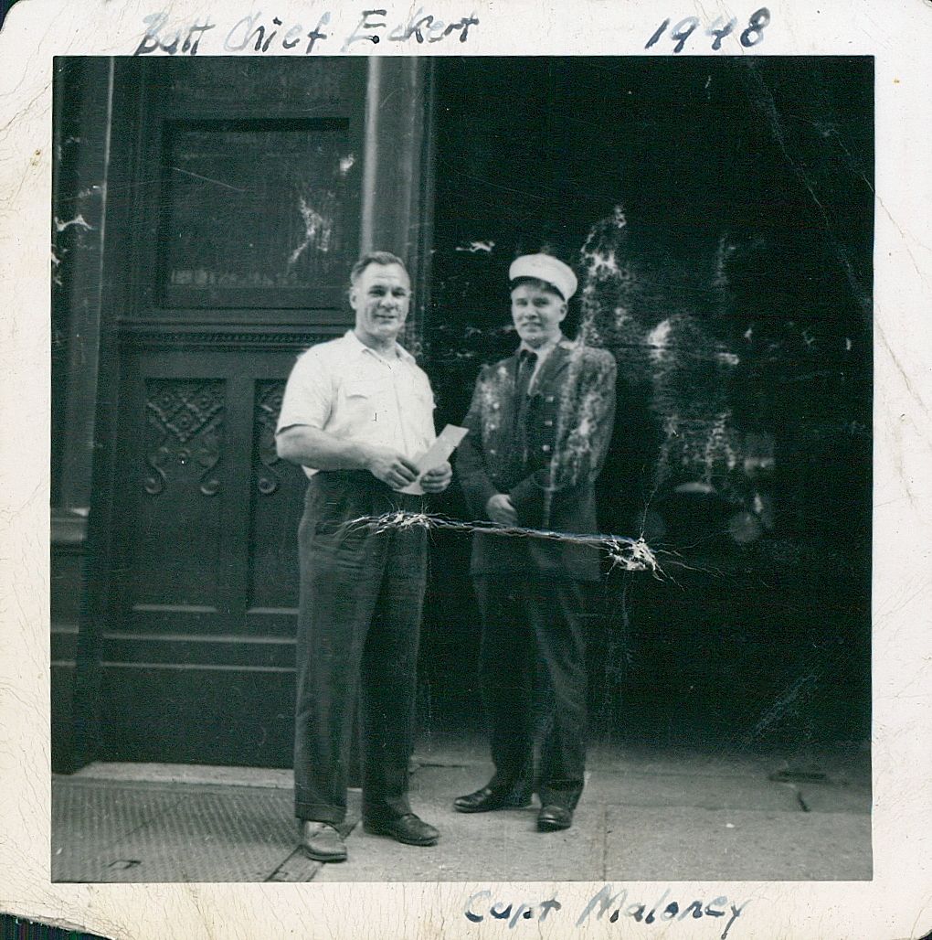 Battalion Chief Eckert and Caption Maloney of Engine company 47 of the Fire Department of New York in 1948.
