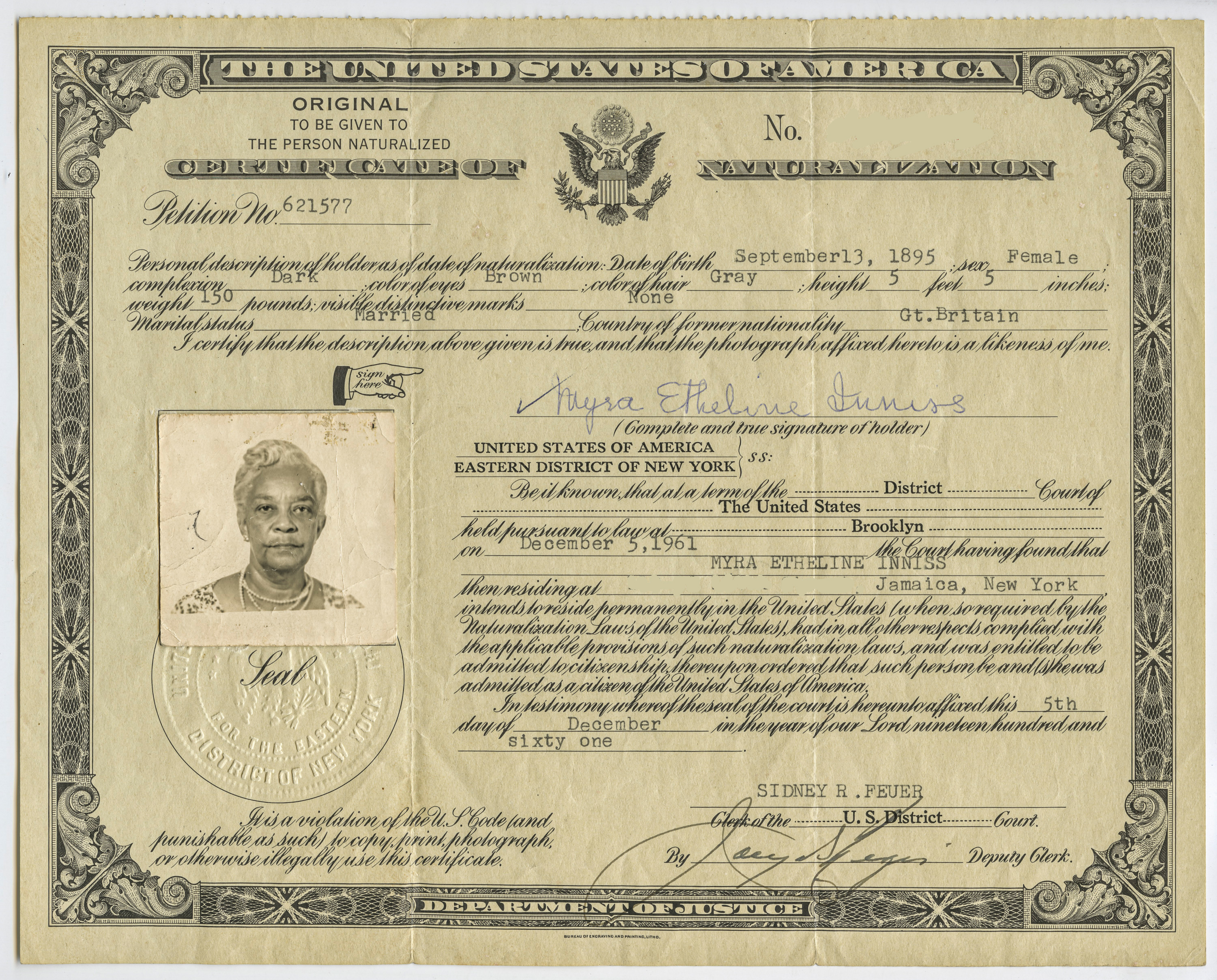 Naturalization or Myra's 'papers.'