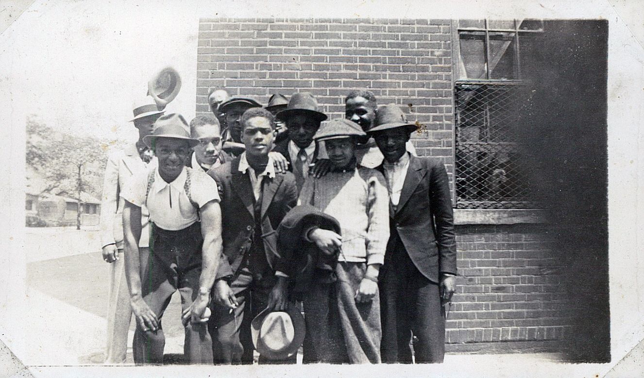 Aubrey (back row, right) with friends,1937.