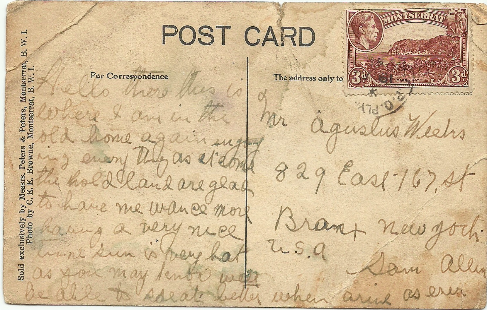 Postcard to Augustus A. Weeks, Aubrey's father, from in-law, Sam Allen, in the 1940s.