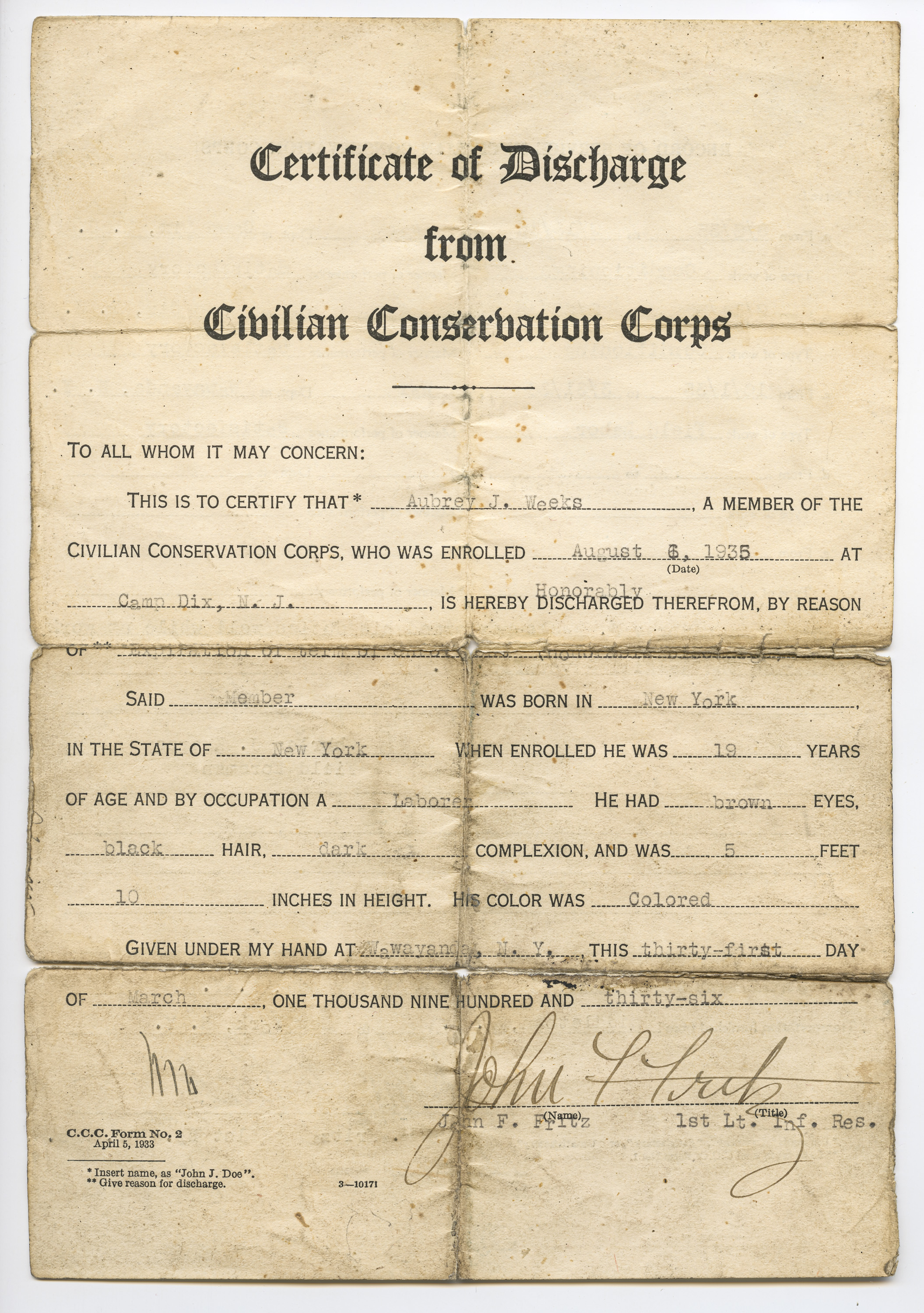 Certificate of Discharge, Civilian Conservation Corps, 1936.
